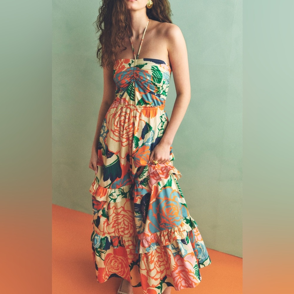 Floral Strapless Maxi Dress in Peach and Teal